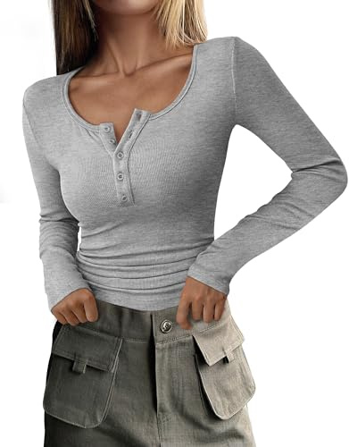 PRETTYGARDEN Women's 2025 Fall Long Sleeve Henley T Shirts Button Ribbed Knit Slim Fit Basic Tops Blouse Casual Outfits (Grey,Medium)