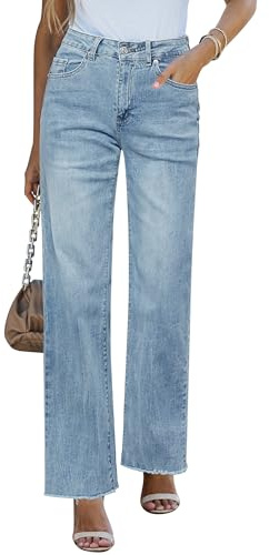Roskiky Straight Leg Jeans Damens High Waisted Stretchy Frayed Raw Hem Loose Denim Pants Casual Baggy Jeans Damens