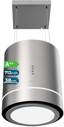 Cecotec Runde Insel-Dunstabzugshaube 44 cm Bolero Flux Cre 448000 Inox A++. Edelstahloptik, Saugleistung 800 m³/h, 210-W-Motor, Elektronische Steuerung, Beleuchtung, Kohlefilter