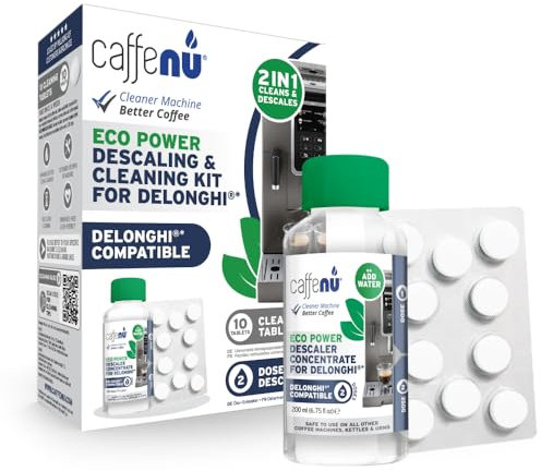 Caffenu Mit Delonghi Maschinen kompatible Entkalkungslösung und 10 Reinigungstabletten. 200 ml Entkalker, Entfernt Kalkablagerungen und sorgt für heißeren Kaffee