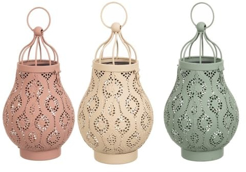 LOLAhome Set de 3 lámparas solares LED farol colgante | 3 lámparas de metal de 13x23cm, Naranja, Beige y Verde | Panel solar, bateria autorrecargable y autoencendido | Para Exterior | Sherezade