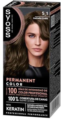 SYOSS Permanent Color 5-1 Castaño Claro, tinte de pelo y mascarilla intensiva con keratina, para una cobertura profesional de canas, color duradero y cuidado intensivo