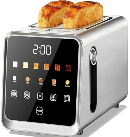 Touch Screen Toaster 2 Slice, Stainless Steel Smart Digital Toasters with Single Slot Toasting, Memory Function, 5 Bread Types & 6 Shade Settings,1.5 Wide Slot, 900W