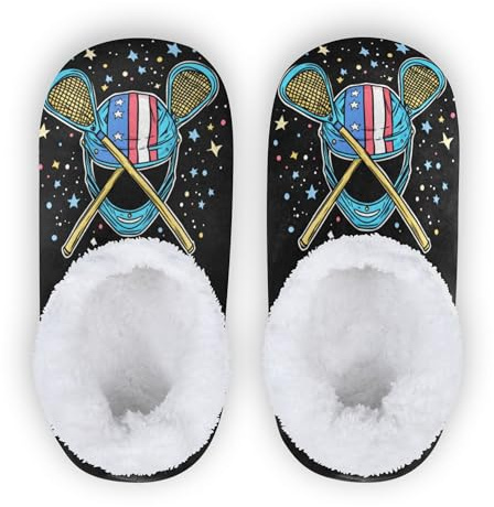 Glaphy American Flag Helmet and Lacrosse Boys Girls Slippers Memory Foam Toddler Kids Slippers Home Indoor Bedroom Travel Shoes
