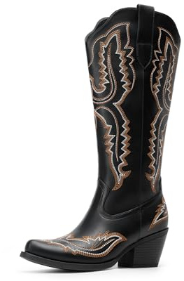 DREAM PAIRS Knee High Cowboy Western Boots for Women,Black,7