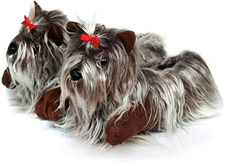 Onmygogo Pantoufles fantaisie en forme d'animaux pour femmes, hommes, pantoufles d'hiver en peluche pour adultes(Yorkshire Brun,41-44 EU)
