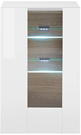 Vitrine Roana I Weiß Tiefzieh Hochglanz 45x71x38cm Schrank Wohnzimmerschrank Beistellschrank Stauraumelement Wohnzimmer Mehrzweckschrank Stauraum Größe ohne Beleuchtung