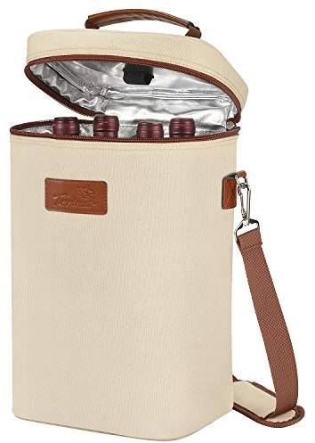 Kato Tirrinia Insulated Wine Cooler Bag - 4 Bottle Travel Padded Wine Carrier Tote Bag for Picnic Beach and Camping, Wine Lover Gift, Beige