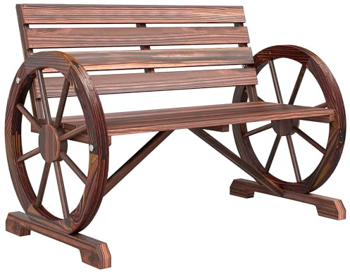 Outsunny Banc de Jardin Banc 3 Places Banc en Bois Style Rustique Chic accoudoirs Roues Charette Bois Sapin traité carbonisation