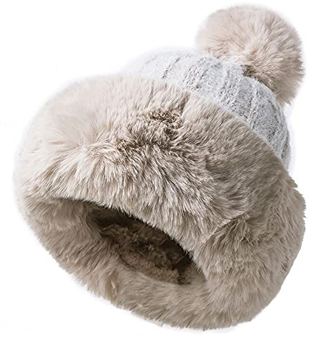 JFAN Fluffy Winter Women’ s Hat Skull Beanie Knitted Cap Fashionable Russian Hat Pompom Beanies Outdoor, White