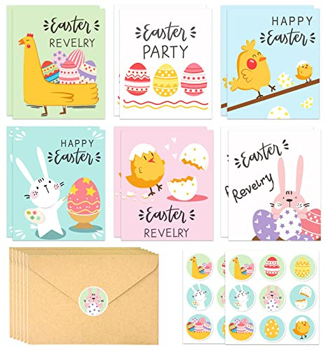 Ourdort Cartoline Pasquali,12 Fogli Cartoline Pasqua,Biglietti Pasquali,Cartoline Pasquali Coniglietti,Cartoncini Auguri Pasquali,Cartoline Pasquali Set Buste e Adesivi per (A)
