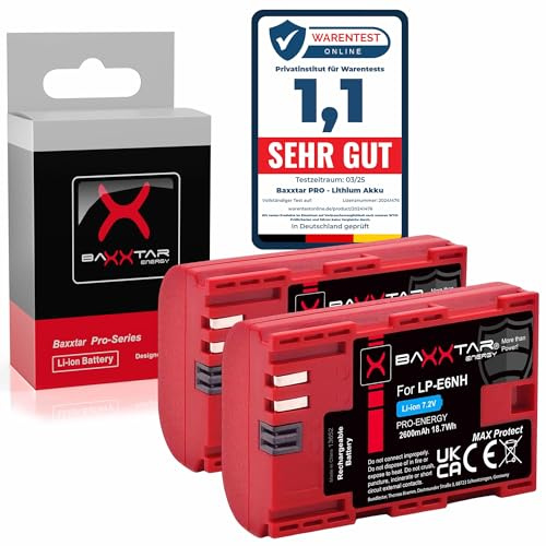 Baxxtar MaxProtect 2X Batteri för Canon LP-E6NH LP-E6N LP-E6, 2600mAh | Batteri för EOS R5 R6 R6II R7 5D Mark I-IV 5DS 60D 6D 70D 7D 80D 90D WFT-E5 E7 XC10 XC15, med NTC-Sensor & skyddsbox