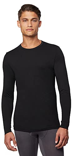 32 Degrees Men's Lightweight Baselayer Crew Top | Long Sleeve | Form Fitting | 4-Way Stretch | Thermal, Black, Large