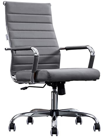BOWTHY Home Office Chair Ribbed, Modern Leather Conference Room Chairs,Ergonomic Office Desk Chair, High Back Computer Chair, Adjustable Swivel Chair with Arms (Grey)