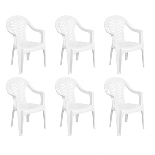 Solycarpa Pack 6 Sillas Jardín para Exterior de Plástico Apilable Blanca con Reposabrazos | para Jardín, Terraza, Playa y Camping | Silla Ergonómica de PVC, Cómoda y Resistente
