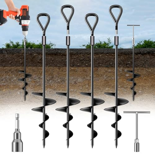 18 Long Ground Anchor, Heavy Duty Earth Anchors 18 inch Ground Anchors Screw in Kit with T-Handle Hex Wrench for Camping Tent, Swing Sets, Securing Animals, Sheds, Trampoline(4 Pcs) (Black)