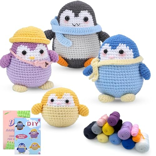 BoloShine Häkelset für Anfänger Erwachsene, Stricken Amigurumi Set mit Wolle und Häkelnadel, Crochet Kit Häkelnadel Bastelset Tiere DIY Schlüsselanhänger, mit Tutorial-Video und Anleitung - Pinguine