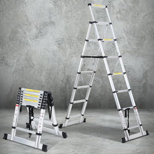 Cecaylie Scala telescopica allungabile in alluminio antiscivolo, multiuso, per riparazioni del tetto, portata 150 kg, 2 m+2,3 m, 6+7 gradini, 69 cm da piegata