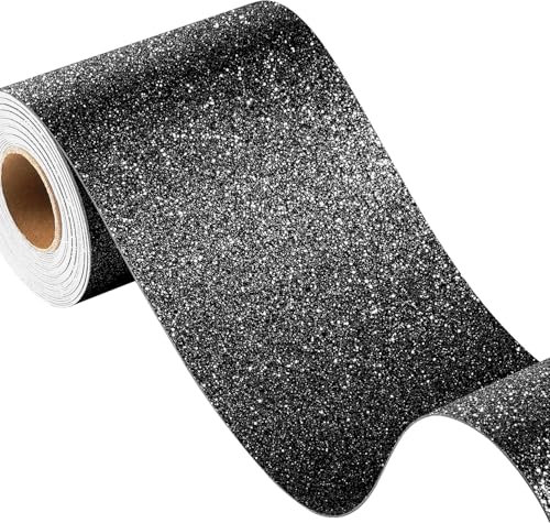 FunStick Papier Peint Adhesif Mural Salon Noir Autocollant Mural Cuisine Pailleté Bordure de Papier Peint Frise Murale Adhesive Noir Frise Autocollante Murale Papiers Peints Chambre Plafond 10CMx5M