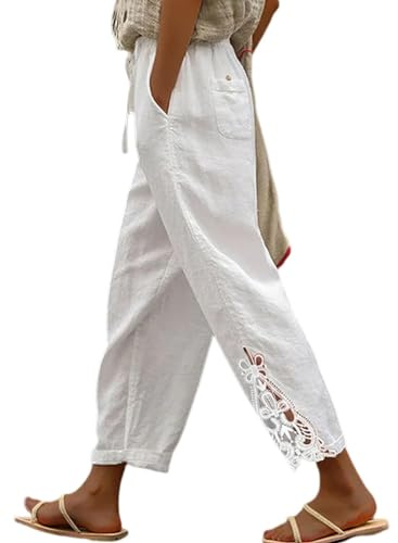 Jokeluck Women Casual Lightweight Drawstring Elastic Waist Cropped Linen Pants Fall Spring Slacks Capri Pants Trendy Fashion 2025 Beach Trousers with Pockets White Small