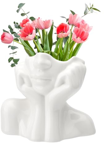 TNSLAND vaso per fiori a tulipano, in ceramica, 14 x 12,5 cm, con testa, colore bianco, stile moderno, decorativo per soggiorno, scrivania