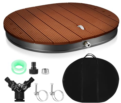 Jopassy Douche de sol avec roue et buses en cuivre, hauteur de la fontaine jusqu'à 4 m, douche extérieure avec fonction de massage antidérapante, douche sauna en aluminium/WPC/aspect bois