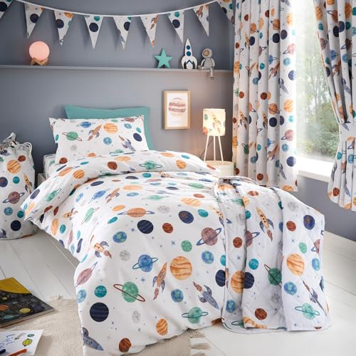 Happy Linen Company Girls Boys Kids Cosmic Planets White Single Reversible Soft Easy Care Bed Linen Duvet Cover Quilt Bedding Set With Pillow Case