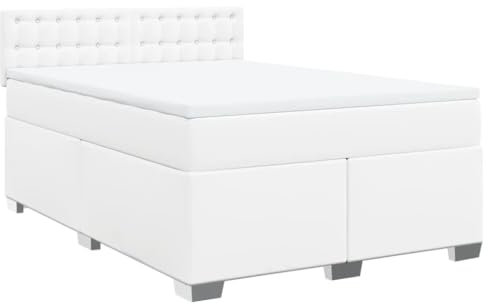 vidaXL Boxspringbett, Doppelbett mit LED Matratze Matratzenauflage, Bettgestell mit Lattenrost Kopfteil, Polsterbett Bett für Schlafzimmer, Weiß 140x200cm Kunstleder