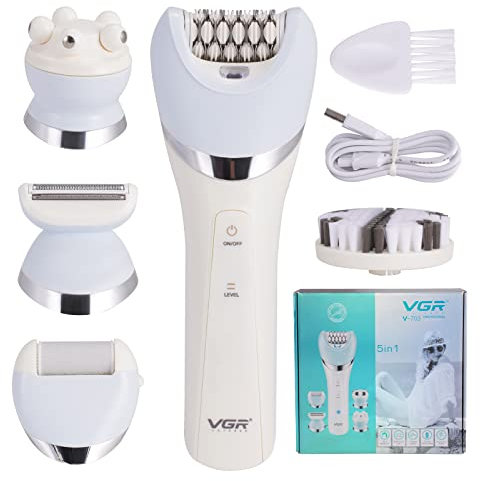 Epilatore Elettrico Wireless 5 in 1 per Donna, per Gambe e Corpo, Bagnato e Secco, con Rasoio, Esfoliante, Pulizia e Massaggi