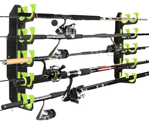 Hikeen Fishing Rod Holders, Fishing Pole Holders for Garage, Wall or Ceiling Mounted Fishing Rod Rack Holds Up to 10 Rods（1 Pack）