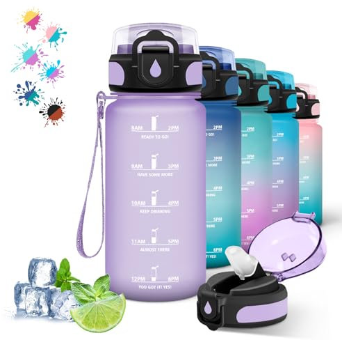 Gourde- 500ml- Gourde Enfant, Bouteille avec Paille anti Fuite, Bouteille Sport avec Marqueur de Temps, Bouteille d'eau pour Garçons&Filles, Bouteille d'eau pour l'École, Voyage, Velo, Camping, Violet