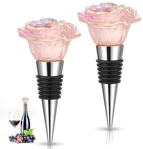 2 Pack Rose Wine Stopper, Wine Toppers for Wine Bottles, Reusable Wine Corks, Decorative Bottle Sealer, Wines Accessories Gifts for Wines Lovers, Wedding Favors