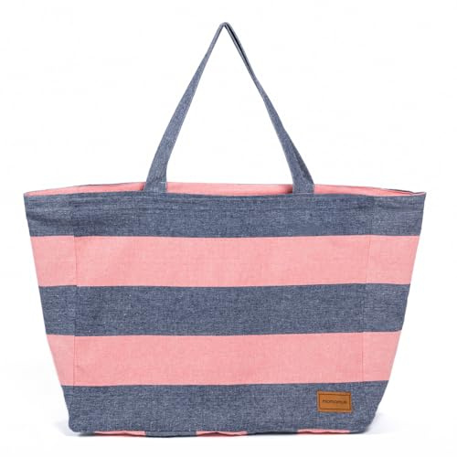 MOMOMUS Bolso de Playa Mujer para Verano - Grande, 100% Algodón Reciclado y Reversible - Bolsa de Playa XXL Familiar ideal para Piscina - Azul-Naranja, 50x40 cm