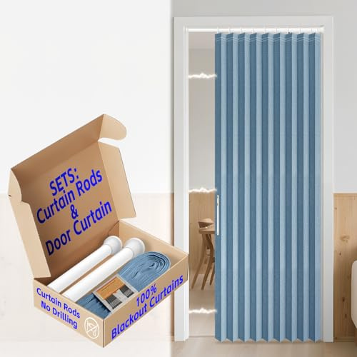 AJAZZ 100% Blackout Closet Door Curtain Privacy Sound Proof Curtains Suitable for Bedroom Living Room Doorway Curtain Sets (1 Pack, 44 W x 78 L, Blue+Rod)