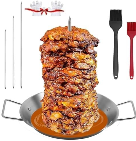 Gyro - Sartén vertical de acero inoxidable 304 para horno, incluye 3 picos extraíbles y cepillos para tacos Al Pastor, Shawarma, kebabs, platos de barbacoa