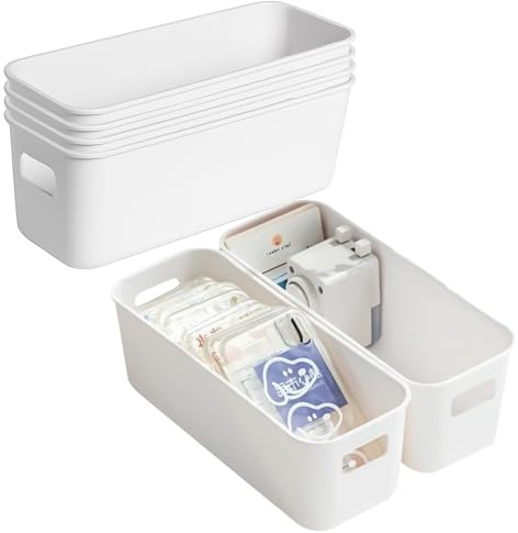 XMSHYODSM Narrow Storage Box, 6 pack Bathroom Storage Baskets, Narrow Storages Box Plastic Storages Baskets with Handles Kitchen Cupboard Organiser for Bathroom Cabinet Drawers Desktop(23×8×9cm)