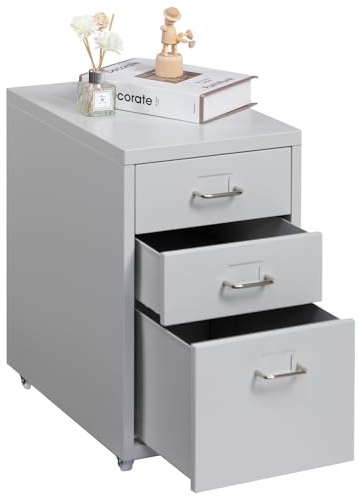 HollyHOME Archivador móvil de 3 cajones, archivador, organizador rodante debajo del escritorio, armario de almacenamiento de metal con ruedas para el hogar y la oficina, color gris claro