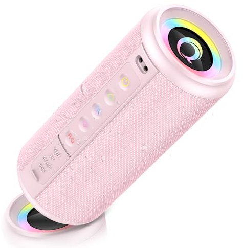 dotn Portable Bluetooth Speaker with Loud Stereo Sound, Bluetooth 5.4 Speaker Wireless with 4 RGB Lights, TWS Pairing, 3 EQ Modes, Built-in Mic, IP7 Waterproof Outdoor Speaker for Party Travel, Pink