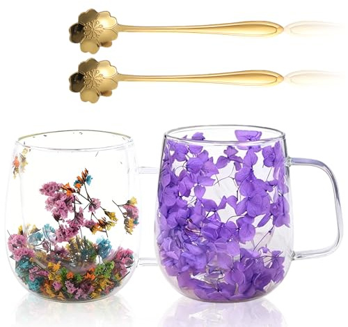 BORDEAG Tazas De Café De Vidrio De Flores Secas,Juego De 2 350 ML Vaso Doble ParedZ Con Cuchara,Taza De Café De Doble Pared,Vasos Doble Pared Transparente Para Té,Cerveza,Café Helado,Leche