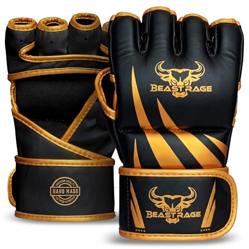 BEAST RAGE-Guanti da MMA realizzati a mano,di alta qualità,durevoli,con palmo aperto,per BJJ,UFC, Sparring e kickboxing,forte supporto per il polso (Nero/Oro, S/M)
