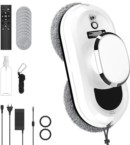 Robot Nettoyeur Vitre, 5800Pa Robot Laveur de Vitre Automatique avec Télécommande, Navigation Intelligente et Détection Des Bords, Système de Sécurité, 10 Chiffons, pour Toutes Les Surfaces Lisses