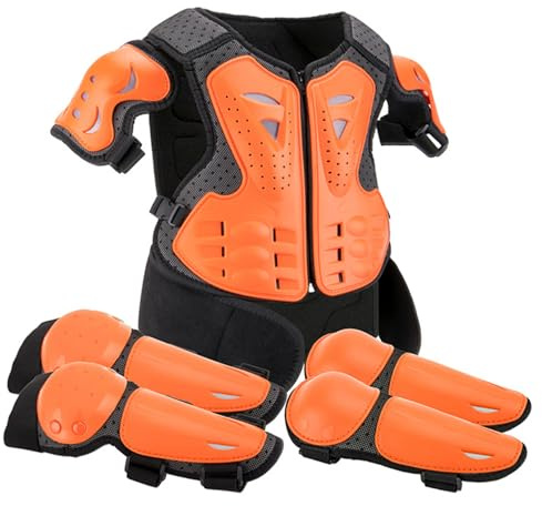 Kids Motorbike Clothing, Kids Motorcycle Gear 1 Set Breathable Shockproof Adjustable Protective Gear Resistant Body Armour for Dirtbike Bicycle Skateboard, Orange, Body Armour