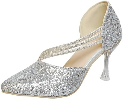 Silverglitterskor, dampumps, gyllene sandaletter med klack, kvällsskor, liten klack, sandaletter med spets, högklackade skor, moderna sommarsandaler med remmar, fritidssandaler