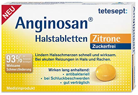 tetesept Anginosan Halstabletten Zitrone - zuckerfrei – Antibakterielle Halsschmerztabletten gegen akute Reizungen in Hals & Rachen – 5 x 20 Stück