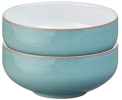 Denby - Azure Blue Cereal Bowls Set of 2 - Dishwasher Microwave Safe Crockery 800ml 15.5cm - Sea Blue, White Ceramic Stoneware Tableware - Chip & Crack Resistant Soup Bowls