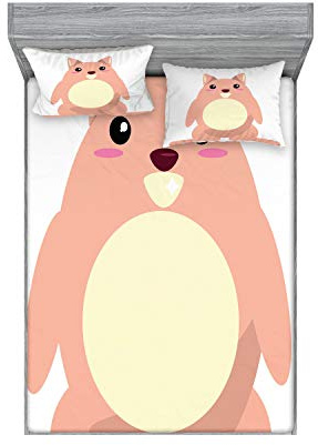 Ambesonne Anime Fitted Sheet & Pillow Sham Set, Beaver Cartoon in Kawaii Style Funny Character for, Decorative Printed 2 Piece Bedding Decor Set, King, Pale Coral and Cream
