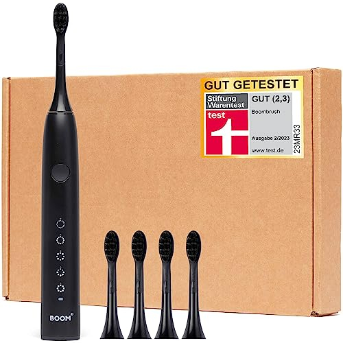 BOOMBRUSH Elektrische Zahnbürste - Schallzahnbürste mit 90 Tage Power-Akku inkl. 5 Aufsteckbürsten - Schwarz - Effektive Sonic Technologie - Elektrische-zahnbürste für Mundreinigung