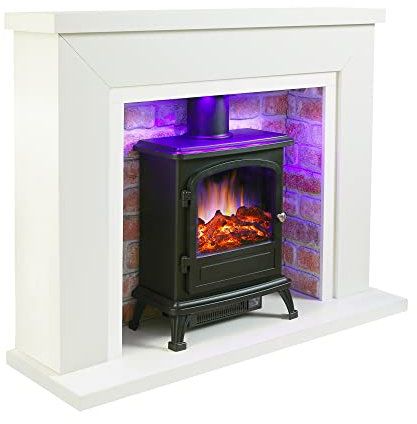 Endeavour Fires Farlington Electric Fireplace, Black Log Burner Stove in 48’’ Off White Surround, LED Downlights with Remote Control (White Top/Red Brick)