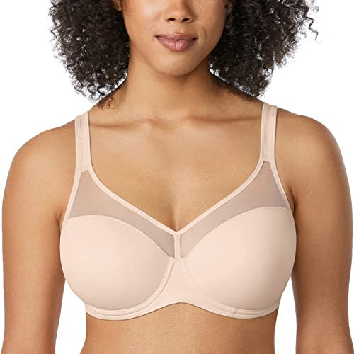 Delimira Women's Full Coverage Lightly Padded Bra Underwire Mesh Support Comfort T Shirt Bra Beige 40C