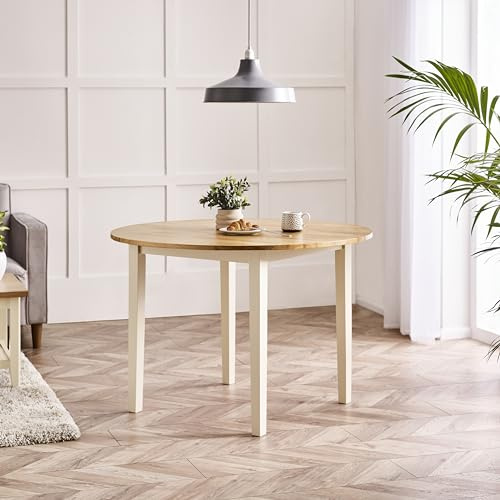 Furniturebox UK 4 Seat Small Round Wood Table - Salcombe Wooden Dining Table - Pale Oak Stain Top Cream Legs - Bright Modern Classic Traditional Farmhouse Dining Furniture - Rubberwood